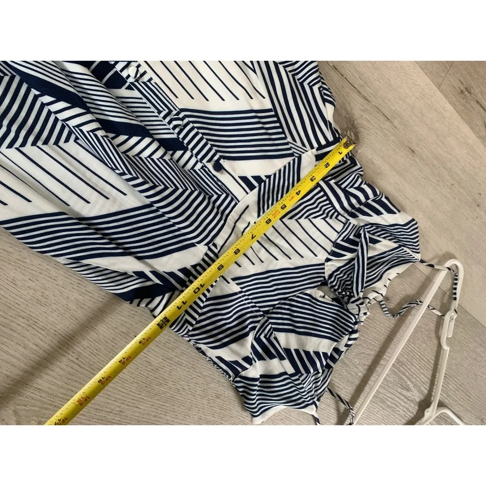 Yumi Kim Navy White Geometric Stripe Tie Front Midi Dress XS Pocket Smocked Back - Picture 9 of 13